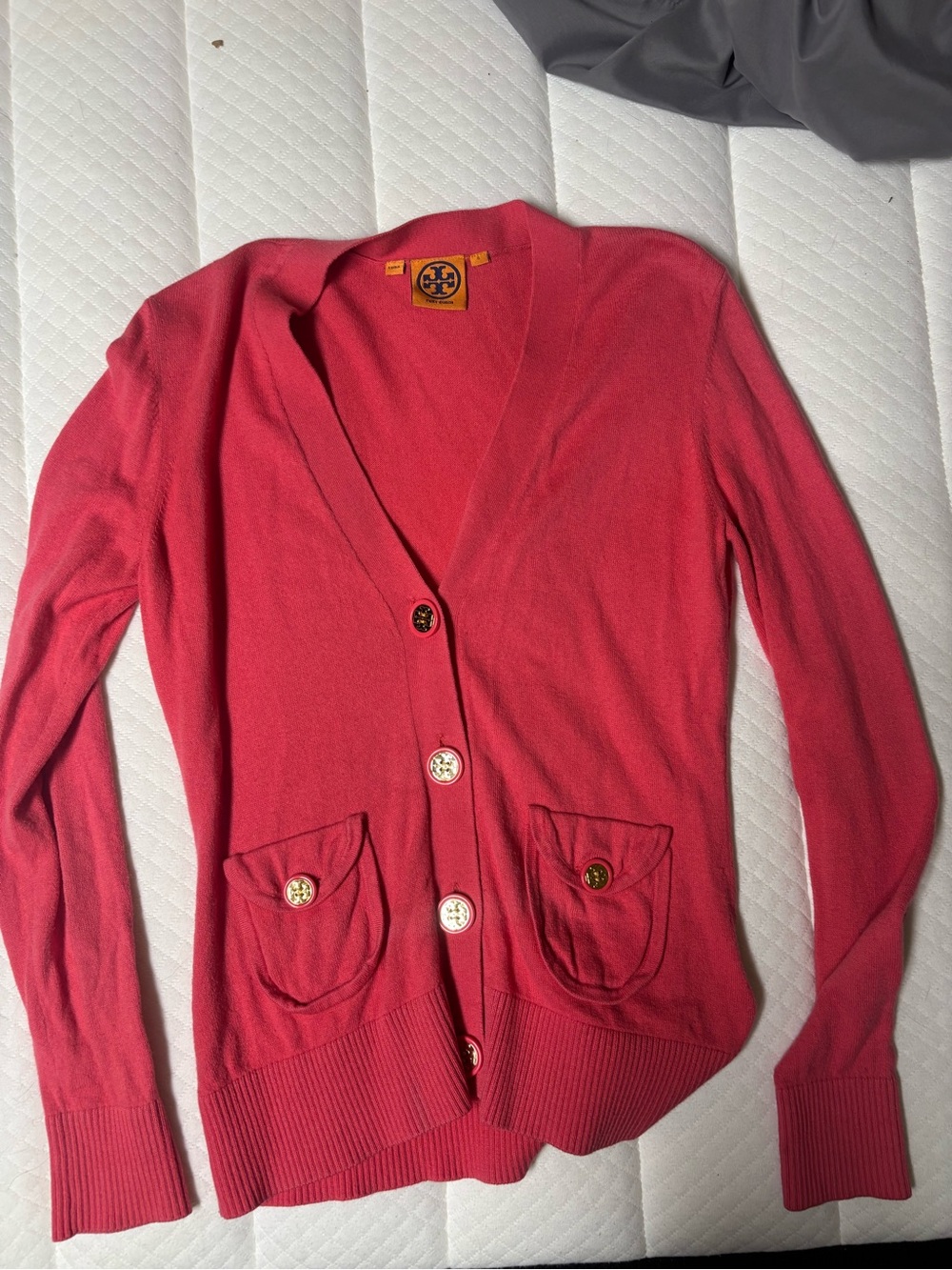 Tory Burch Coral Button-Front V-Neck Pocket Cardigan